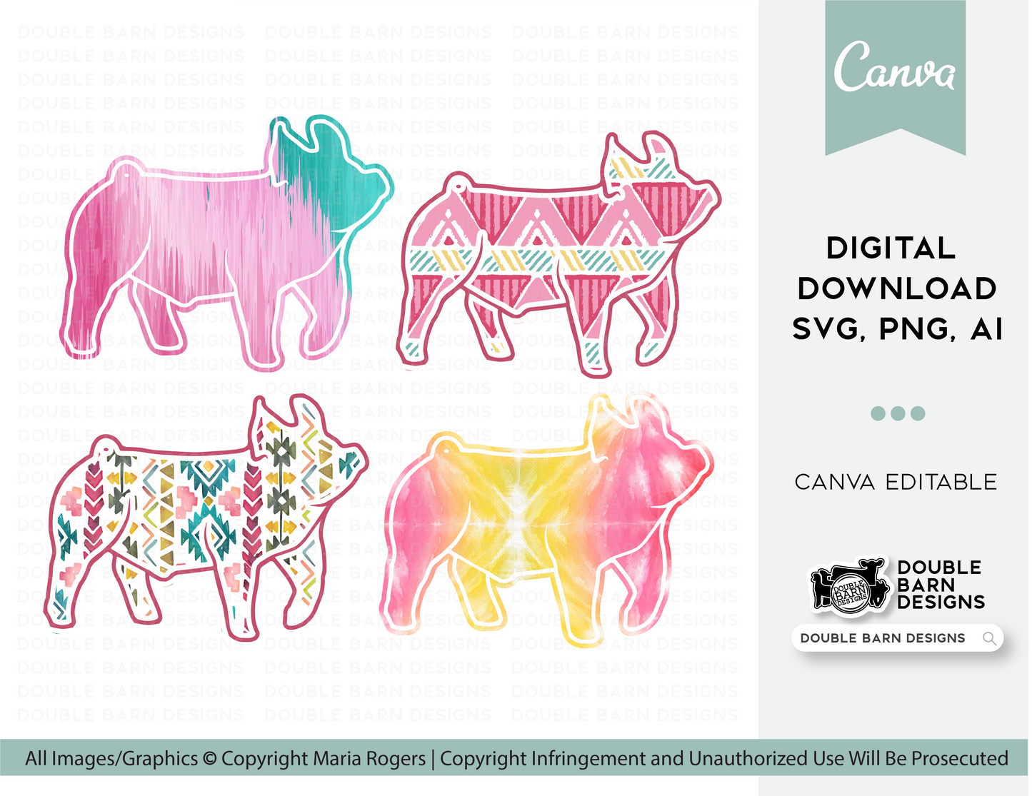 Color Pack! Aztec, Tie Dye, & Watercolor Show Pig, Lamb, Steer, Goat Patterns | PNG FILE ONLY | Digital File, Digital Download Sublimation