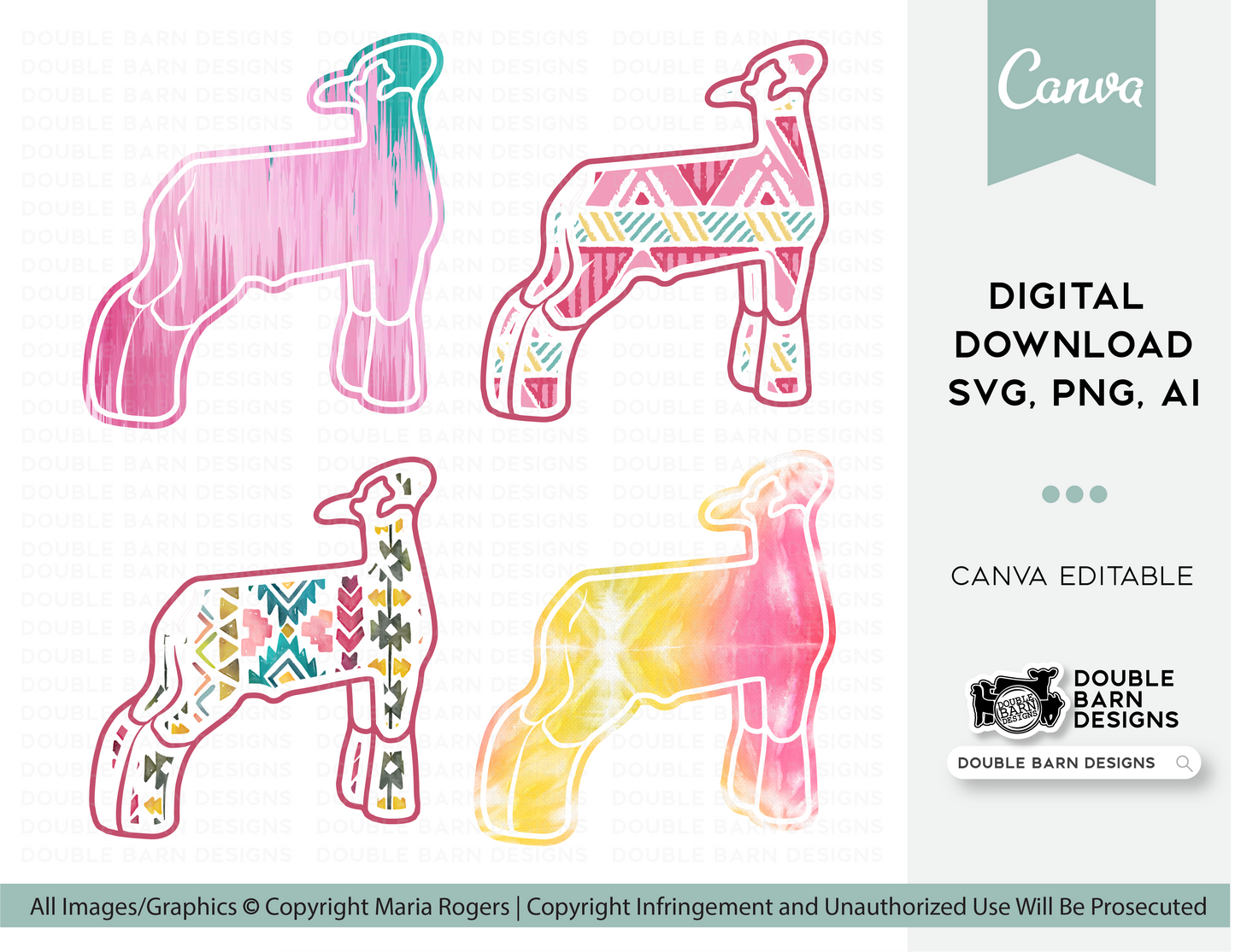 Color Pack! Aztec, Tie Dye, & Watercolor Show Pig, Lamb, Steer, Goat Patterns | PNG FILE ONLY | Digital File, Digital Download Sublimation