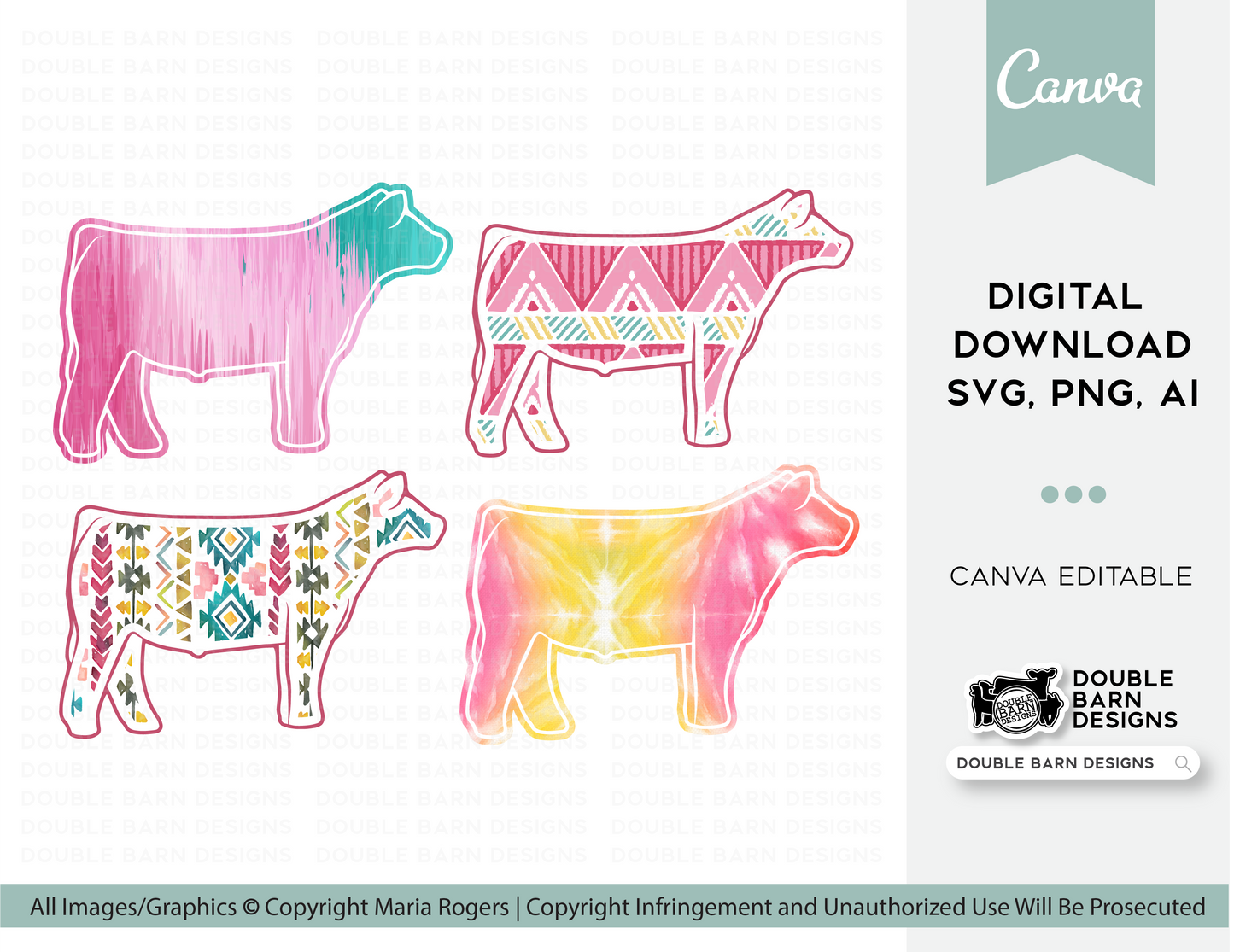 Color Pack! Aztec, Tie Dye, & Watercolor Show Pig, Lamb, Steer, Goat Patterns | PNG FILE ONLY | Digital File, Digital Download Sublimation