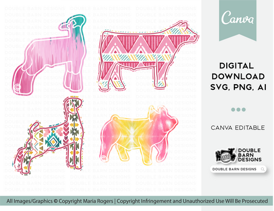 Color Pack! Aztec, Tie Dye, & Watercolor Show Pig, Lamb, Steer, Goat Patterns | PNG FILE ONLY | Digital File, Digital Download Sublimation