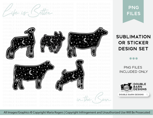 Starry Night Steer, Pig, Lamb, and Goat Digital Download Sublimation/Sticker Design Set | Commercial Use