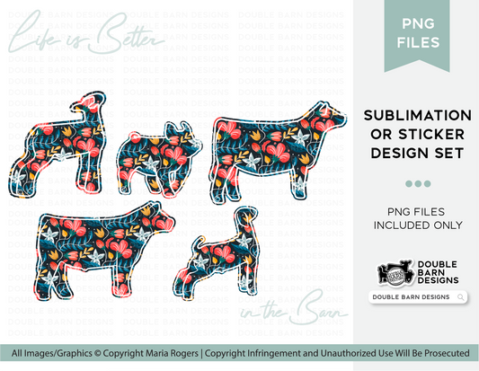 Floral Steer, Pig, Lamb, and Goat Digital Download Sublimation/Sticker Design Set | Commercial Use