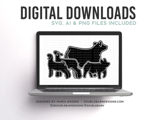 Livestock Set Digital Download | Steer - Lamb - Goat - Pig | SVG - AI - PNG