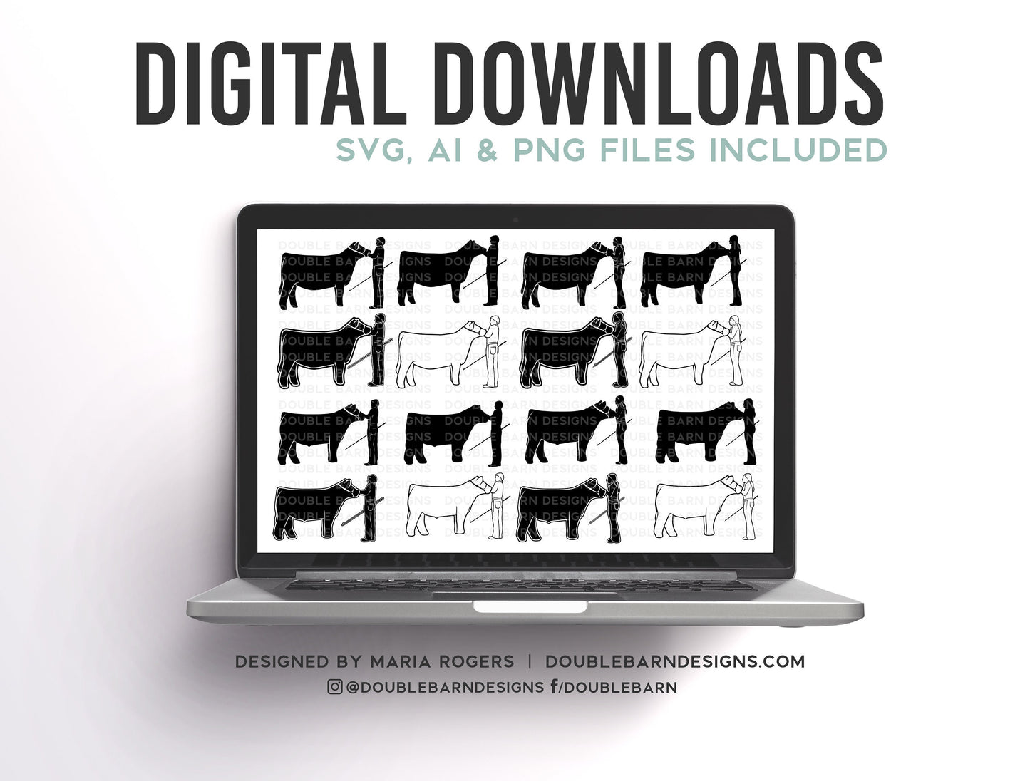 Cattle Showmen Designs | 16 Versions of Heifer and Steer Showmen | Bundle of Digital Downloads | SVG, PNG, Ai |Commercial License