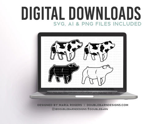 Spot Pig, Duroc Pig, Chester Pig, Down Eared Pig Designs | Bundle of Digital Downloads | SVG, PNG, Ai |Commercial License
