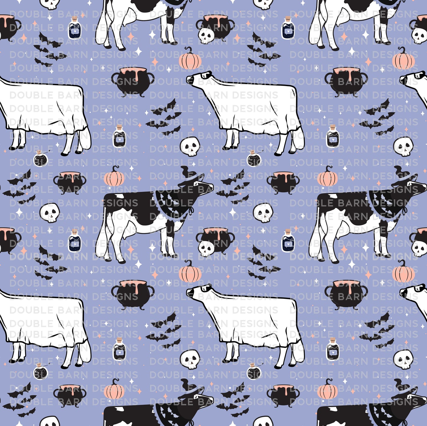 Witch and Ghost Show Dairy Cow Seamless Pattern Halloween - PNG JPG Ai SVG Files Included | Commercial Use