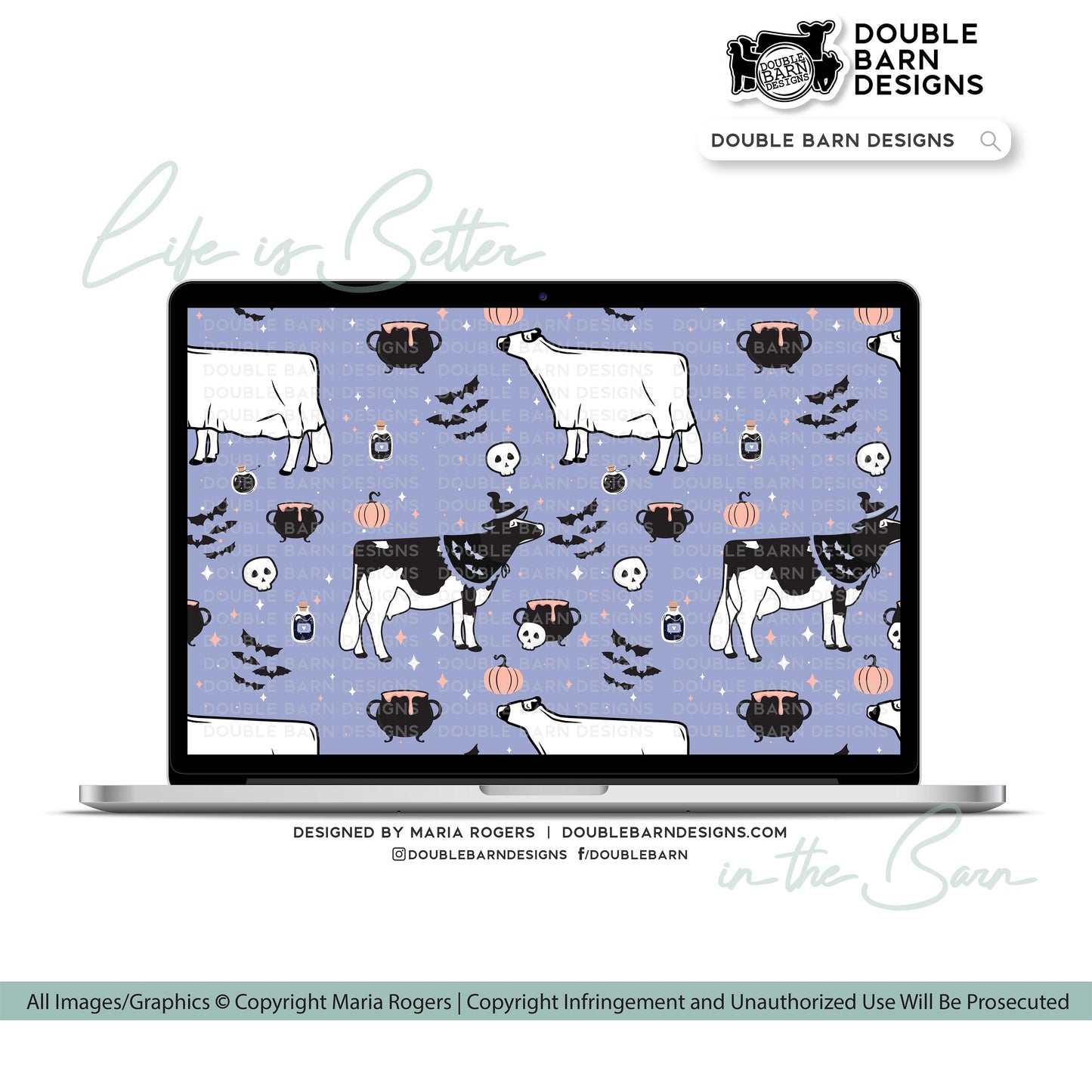 Witch and Ghost Show Dairy Cow Seamless Pattern Halloween - PNG JPG Ai SVG Files Included | Commercial Use