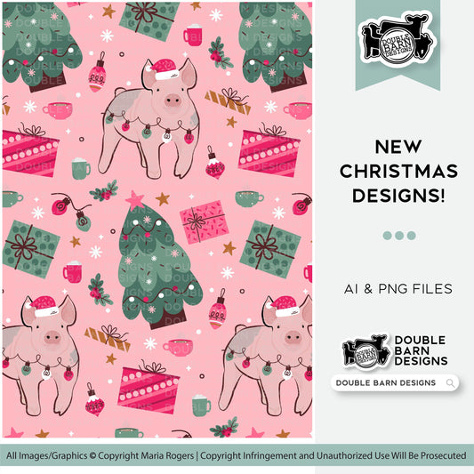 Pink Christmas Pig Seamless Pattern - PNG JPG Ai Files Included | Commercial Use