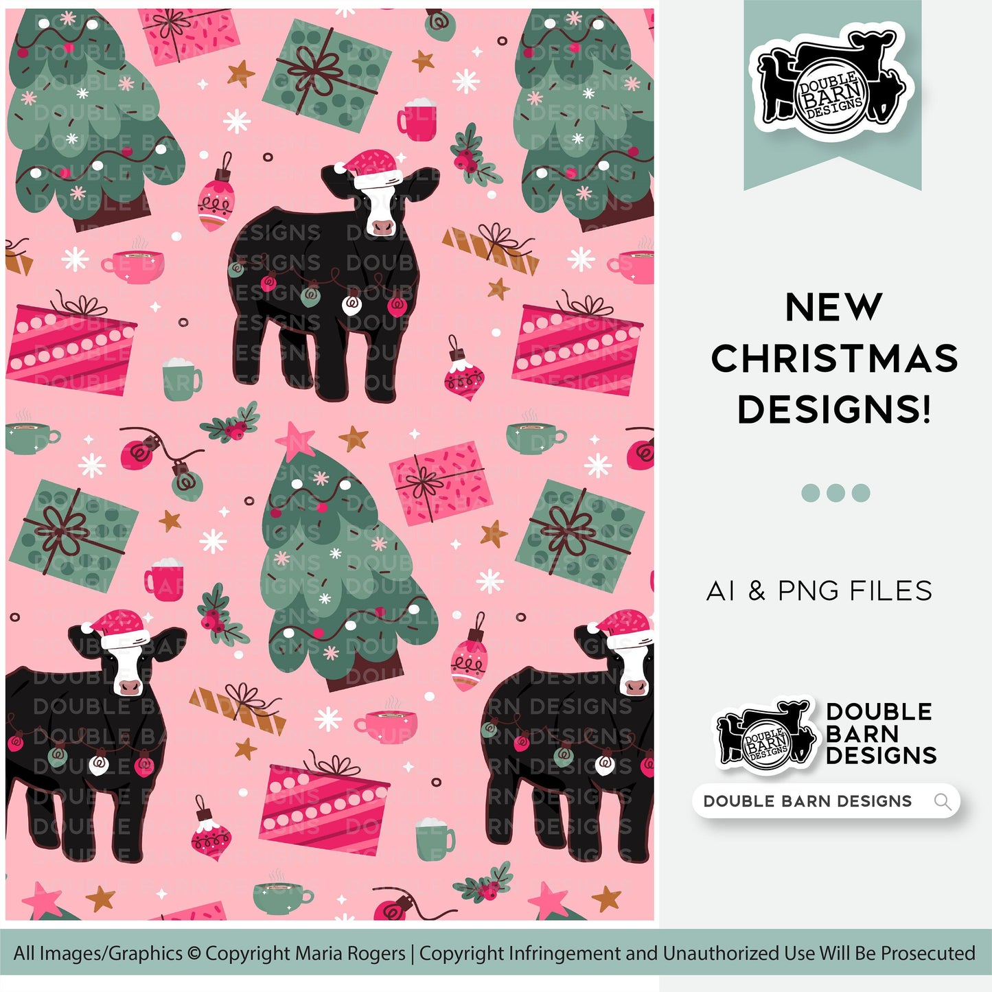 Pink Christmas Cattle Seamless Pattern - PNG JPG Ai Files Included | Commercial Use