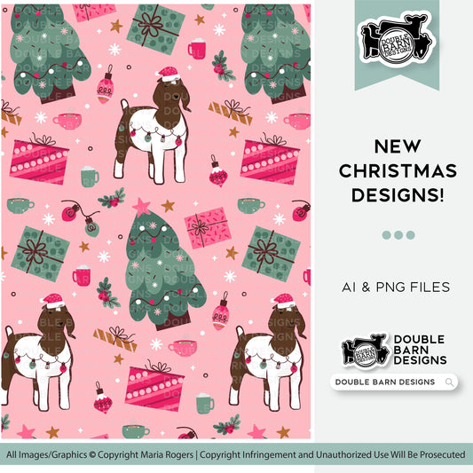 Pink Christmas Goat Seamless Pattern - PNG JPG Ai Files Included | Commercial Use