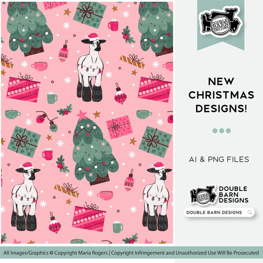 Pink Christmas Lamb Seamless Pattern - PNG JPG Ai Files Included | Commercial Use